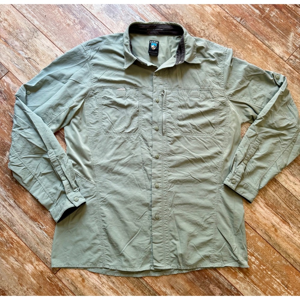 Kuhl Airspeed Shirt Men L Green Long Sleeve Vented Hiking Fishing Roll Tab Nylon